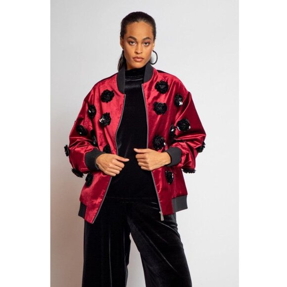 Anthropologie Eva Franco Velvet Floral Embroidered Bomber Jacket Burgundy Red - Picture 3 of 3